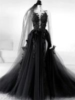 Wholesale Gothic Style Black Lace Wedding Dresses Flower Appliques Tulle A Line Sexy Backless Vintage Design Bridal Gowns Plus Size