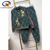 Wholesale 10 High quality Autumn Women embroidery flower contrast color knitted cardigan sweaters coat casual pants Two piece set