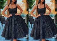 Wholesale Stunning Black Sequined Tulle Cocktail Prom Dress Tea Length A line Square Neck Ruched Bridesmaid Homecoming Party Dress