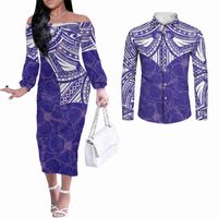 Wholesale NXY women s dresses Purple Couple Clothes Long Sleeve Outfits Tattoo Tribal Polynesian Printed Ladies Plus Size Casual Dress Matching Men Shirts220118