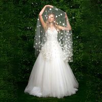 Wholesale Bridal Veils Handmade Pearl Flowers Cover Front And Back Drop Style Cathedral Wedding Veil With Blusher Applique