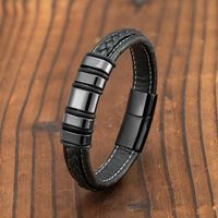 Wholesale New Punk Style Ring Circle L Stainless Steel Men s Exquisite Bracelet Black Braided Leather Cord Bracelet