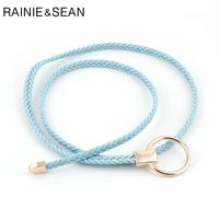 Wholesale Belts RAINIE SEAN Thin Belt Women Weave Pu Leather Fashion Ladies Strap For Dresses Solid Light Ble Pink Red Camel Self Tie