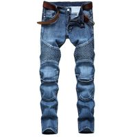 Wholesale Mens Skinny Straight Jeans Fashion Sell Street Hole Male Blue Motorcycle Pants