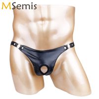 Wholesale Mens Wetlook Faux Leather Lingerie Sexy Sissy Panties G string T Back Micro Bikini Thong Gay Open Butt Underwear with Penis Hole