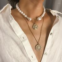 Wholesale Pendant Necklaces Multi layer Retro Personality Temperament Single Product Female Baroque Style Shaped Pearl Relief Necklace1
