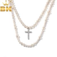 Wholesale Chains THE BLING KING Exquisite Layers Beads White Shell Pearl Hiphop Necklaces With Cubic Zirconia Cross Pendant Jewelry1