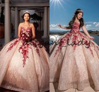 Wholesale Pretty Rose Gold and Red Lace Quince Dresses Sweetheart Lace up Corset Top Sparkly Sequins Applique Quinceanera Dresses
