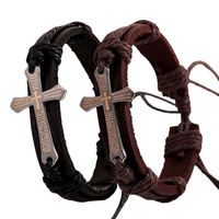 Wholesale Handmade Woven Fabrics Leather Bracelet Retro Light Metals Smooth Rope Bracelet Religious Cross Decor Manchet Adjustable