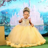 Wholesale Gold Lace Flower Girl Dresses Sheer Neck Pearls Little Girl Wedding Dresses Cheap Communion Pageant Dresses Gowns F359