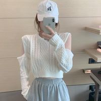 Wholesale Women s Sweaters White Hollow Off The Shoulder Tops For Women Autumn Winter Korean Fashion Clothing Slim Long Sleeve Knitted Sweater Crop To