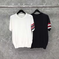 Wholesale Tb Thom Men s Short Sleeve T shirt Casual Wear Solid Color Red and Black Stripes Round Neck Cotton Shirt Fashion New Collection in