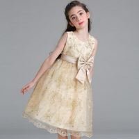 Wholesale Girls Lace Wedding Dress Kids Gold Thread Embroidered Satin Princess Bowknot Pageant Formal Gown Prom Party child clothes kg