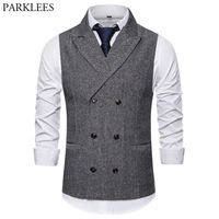 Wholesale Fashion Tweed Double Breasted Suit Vest Men Brand Peak Lapel Mens Tuxedo Vest Business Wedding Dress Waistcoat Gilet Homme