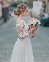 Wholesale Simple Tulle Lace Applique Wedding Dresses Long Sleeve Scalloped Floor Length A Line Bridal Gowns Unique Covered Button