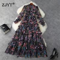 Wholesale Female Fashion Woman Spring Elegant Floral Print Mesh Ruffles Cascading Long Maxi Wedding Evening Party Runway Dresses Sexy Black Princess Prom Ball Gown Clothes