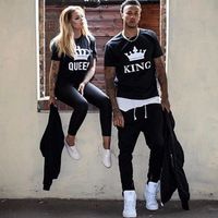 Wholesale Omsj black T shirt with king and queen casual short sve cotton T shirt couple loose top new in
