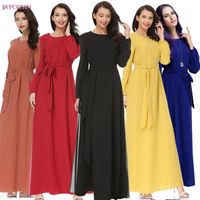 Wholesale 2019 Muslim Clothes M L Women Ribbon Muslim Plius Size Solid Long Sleeve Chiffon Arab Islam Jilbab Dress Lover Gift Drop