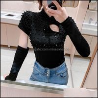 Wholesale Womens T Shirt Tops Tees Clothing Apparel Explosive Slim And Thin Sexy Western Style Base Shirt With Diamonds Beaded Hollow Short Sleeve D