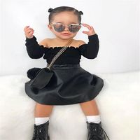 Wholesale Clothing Sets Toddler Kid Girls Winter Clothes Long Sleeve Black Off Shoulder Ruffle Top High Waist Leather Swing Skirt Sweet Outfit1