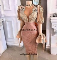 Wholesale Skinny Long Sleeve Sheer neck Evening Gowns African Women Party Night Autumn celebrity Dubai Rose Pink Cocktail Prom Dresses