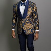 Wholesale 3 Piece Gold Jacquard Prom Men Suits Blue Shawl Lapel Slim Fit Groom Tuxedo Male Fashion Costume Blazer Vest with Pants