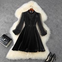 Wholesale 2020 Fall Autumn Long Sleeve Round Neck Black Pure Color Lace Panelled Buttons Knee Length Dress Elegant Casual Dresses LO08T11371