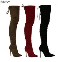 Wholesale Elastic wine red woman s long boots suede leather pointed toe thin heel autumn over the knee boot party club show female shoes1