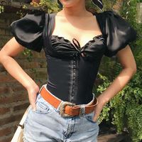 Wholesale Colysmo Corset Style Tops Women Summer Short Puff Sleeve Square Collar Ruffles Tie Up Sweet Blouse Solid Color Vintage Shirt1