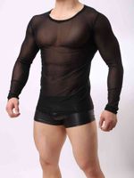 Wholesale Men s T Shirts Mens See through Mh Muscle T shirt Long Sve Tee Tops Costume Nightclub Black Sexy