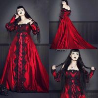 Wholesale Vintage Gothic Wedding Dresses Square Neck Long Sleeve Black Lace Rhinestones Red Wedding Gowns Custom Made Plus Size Vestidos de Novia