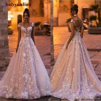 Wholesale Elegant Full Lace A Line Bohemain Wedding Dresses Cap Sleeves Beach Covered Buttons Wedding Gowns D Applique Floral Bridal Dress