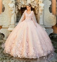 Wholesale Pretty Princesa D Flowers Pearl Detachable Cape Watteau Blush Pink Mexicano Sweet Quinceanera Dress Ball Gown Spring New Arrivals
