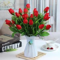Wholesale Planters Pots Rose Bud Artificial Flower Plastic Living Room Dining Table Interior Decoration Silk Dry