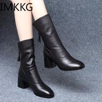 Wholesale Boots Autumn Winter Mid Calf Women Thick Heels Warm Plush Pu Leather High Quality Botas De Moto