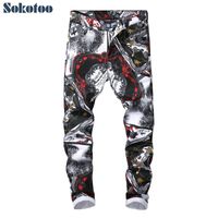Wholesale Sokotoo Men s fashion D pattern slim fit straight printed jeans Trendy white black colored drawing stretch denim pants Y200115