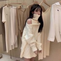 Wholesale Sweater women design sense high neck pullover off shoulder knitted sweater women s outer wear autumn and winter loose wild long