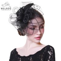 Wholesale Stingy Brim Hats WELROG Fascinators Hat Women Flower Mesh Ribbons Feathers Fedoras Headband Or A Clip Cocktail Party Headwewar For Girls