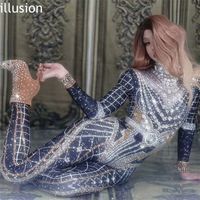 Wholesale Sparkly Rhinestone Crystal Jumpsuit Women Long Sleeve Spandex Nightclub Bar Prom Party Outfit Singer Jazz Dance Stage Costume Y200904