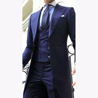 Wholesale 2020 Navy Blue Double Breasted vest Long tail coat Wedding Suits for Men Peaked Lapel Mens Suit Evening Party Gentlemen Tuxedos