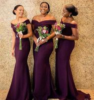 Wholesale Regency African Off The Shoulder Satin Long Bridesmaid Dresses Ruched Sweep Train Wedding Guest Maid Of Honor Dresses BM0850