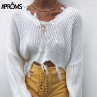 Wholesale Aproms Chic Deep V Knitted Pullover Female Winter White Ovesize Tassels Knit Crochet Sweater Women Cropped Jumper Pull Tops