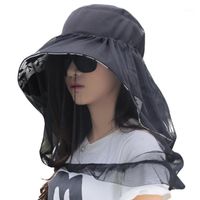 Wholesale Wide Brim Hats Women Summer Beach Adjustable Rope Anti UV Travel Sun Hat Cotton Blend Detachable Veil Elegant Outdoor Camping Casual1
