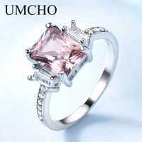 Wholesale UMCHO Solid Sterling Silver Cushion Morganite Gemstone Rings For Women Engagement Anniversary Band Valentine s Gift Ring Set