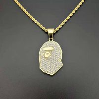 Wholesale Pendant Necklaces Hip Hop Bling Iced Out Rhinestone Gold Color Stainless Steel Ape Man Pendants Necklace For Men Rapper Jewelry