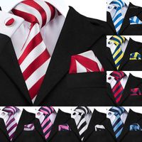 Wholesale New Hot Selling White Red Striped Tie Hanky Cufflinks Set Men s Silk Ties for Formal Wedding Business Party SN