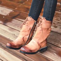 Wholesale Boots Brown Genuine Leather Women Winter Vinatge Lace Up Riding Boot Flat Shoes Woman Mid Calf Platform Rubber Botas