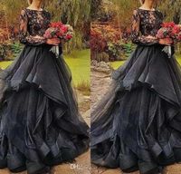 Wholesale 2021 Forest Black Gothic Two Pieces Wedding Dresses Jewel Neck Illusion Top Full Sleeve Wedding Gowns With Tiered Ruffles Country Style