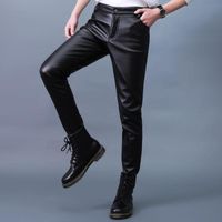 Wholesale Men s Pants Autumn Winter Moto Biker PU Leather Straight Slim Leggings Elastic Velvet Tight Korean Style Black Pencil
