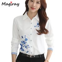 Wholesale Long Sleeve Blue butterfly Flower Print Blouse Women Summer fall Top Elegant Work Office Plus Size Shirt White Blouse C181X1017